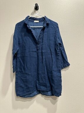 CP Shades blue tunic,CS,cotton/linen blend,3/4 sleeve,made in USA,coastal